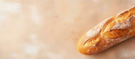 Photo of a loaf of bread on a rustic wooden table with plenty of copy space with copy space