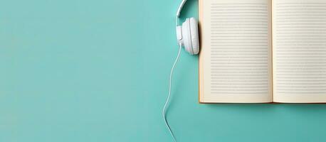 Photo of a book with headphones resting on top, creating a peaceful and immersive reading experience with copy space