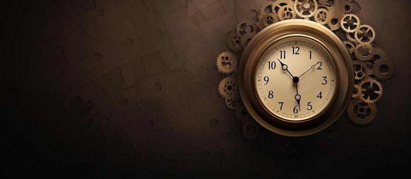 Photo of a wall clock hanging on a side wall with empty space around it with copy space