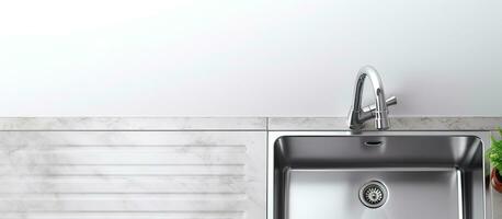 Photo of a modern stainless steel sink with a vibrant green plant adding a touch of freshness to the corner with copy space