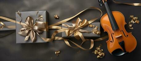 Photo of a violin and a gift wrapped in gold ribbon with copy space