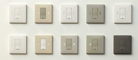 Photo of a wall with nine light switches mounted for various lighting options with copy space