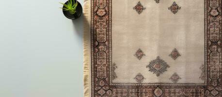 Photo of a decorative rug hanging on a wall next to a vibrant potted plant with copy space