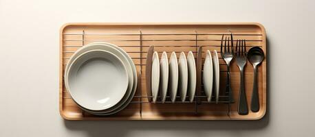 Photo of a wooden tray with a neatly arranged set of white plates and silverware, creating an elegant and inviting dining scene with copy space