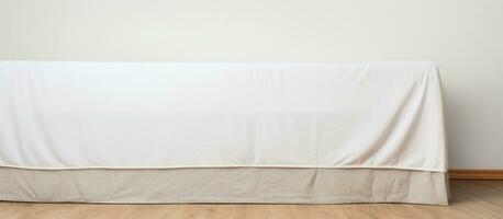 Photo of a neatly made bed with crisp white sheets with copy space