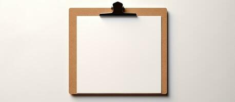 Photo of a clipboard with a clip attached to a wall, providing a space for notes and reminders with copy space