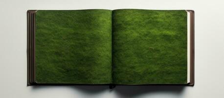 Photo of an open book with a vibrant green grass as a background with copy space