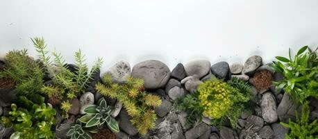 Photo of a textured stone wall covered in lush green plants with copy space