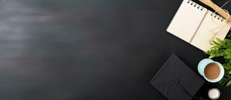 Photo of a coffee cup, notepad, and plant on a table with plenty of space for your own creative notes with copy space