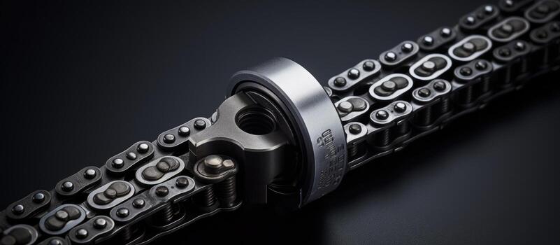 Photo of a close up of a chain on a black surface with plenty of empty space for text or other elements with copy space