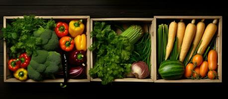 Photo of a variety of fresh vegetables neatly arranged in boxes with copy space