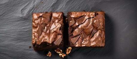 Photo of delicious chocolate brownies with walnuts and rich chocolate frosting with copy space