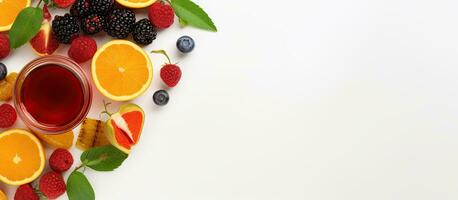 Photo of a refreshing cup of tea with a vibrant display of fruits and leaves with copy space