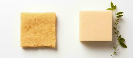 Photo of a bar and block of soap side by side on a clean white surface with copy space