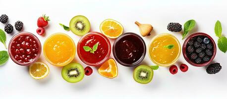 Photo of a colorful arrangement of fresh fruits in a straight line with copy space