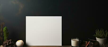 Photo of a blank paper on a table with a candle and plants, perfect for adding your own creative touch with copy space