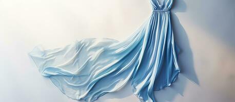 Photo of a blue dress hanging on a white wall, with plenty of copy space for text or other elements with copy space