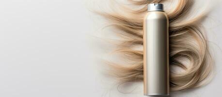 Photo of a hair dryer on a pile of blonde hair, with space for text with copy space