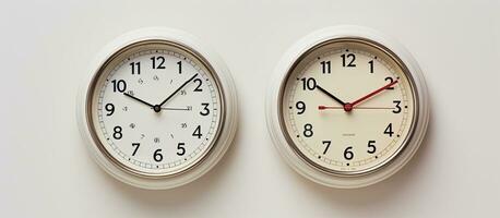 Photo of two clocks side by side with empty space in between with copy space