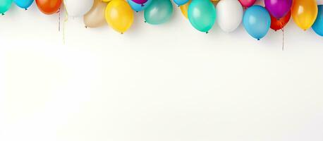 Photo of a colorful line of balloons hanging in the air, creating a festive atmosphere with copy space