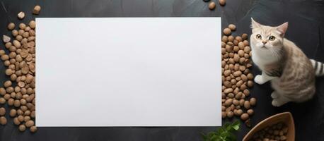 Photo of a cat sitting next to a blank paper surrounded by peanuts with copy space