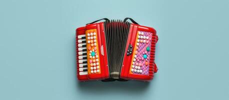Photo of a red accordion on a vibrant blue wall, with copy space with copy space
