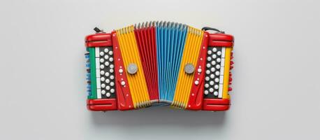 Photo of a vibrant accordion on a clean white background with copy space