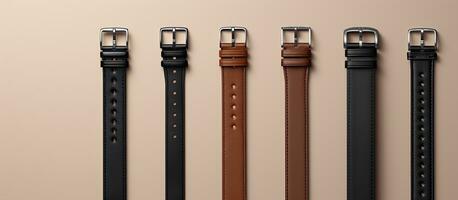 Photo of four belts of different styles and materials with copy space