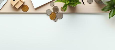 Photo of a modern workspace with a laptop, money, and a plant on a desk with copy space