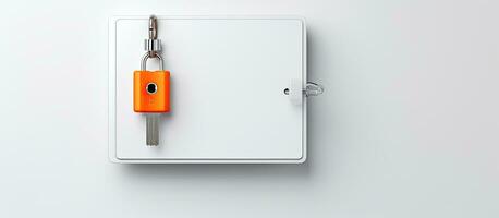 Photo of an orange padlock attached to a white wall with plenty of copy space with copy space