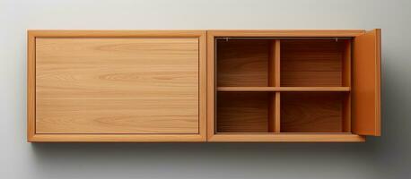 Photo of a wooden cabinet with two doors and shelves, offering ample storage space with copy space