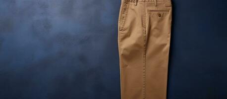 Photo of a pair of tan pants hanging against a blue wall with empty space for text or other design elements with copy space