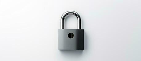 Photo of a locked metal padlock on a blank white wall with copy space