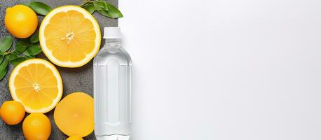 Photo of a refreshing bottle of water and vibrant oranges on a table, with plenty of space for your own message or branding with copy space