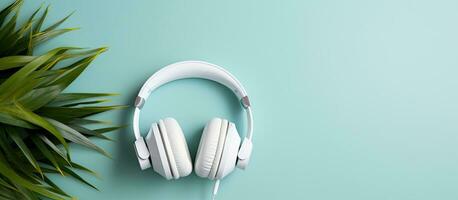 Photo of white headphones resting on a vibrant plant, creating a visually striking contrast with copy space