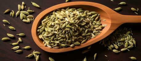 Photo of a wooden spoon filled with seeds on a table, with space for text or copy with copy space