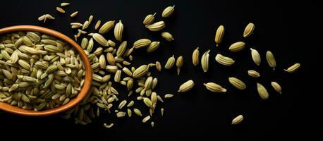 Photo of a bowl filled with seeds and a pile of seeds, representing abundance and growth with copy space