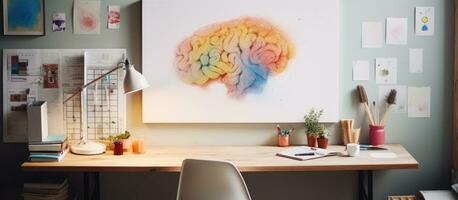 Photo of a minimalist desk with a chair and a captivating painting on the wall with copy space