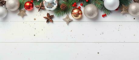 foto de un festivo Navidad antecedentes con adornos y pino conos, Perfecto para fiesta decoraciones con Copiar espacio
