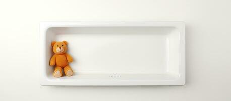 Photo of a cute teddy bear sitting in a white tray with copy space with copy space