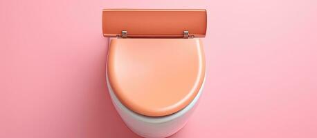 Photo of a pink toilet seat against a pink background with copy space