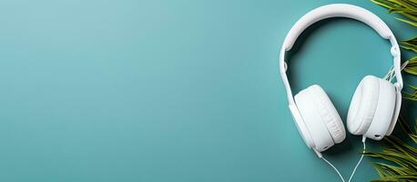 Photo of white headphones resting on a vibrant green plant, creating a contrasting and serene image with copy space