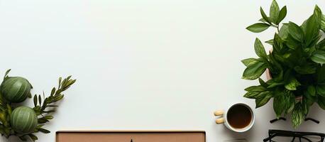 Photo of a laptop and coffee on a desk, with space for text with copy space