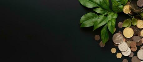 Photo of coins and a plant on a black background with empty space for text or design elements with copy space