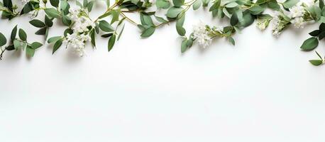 Photo of white flowers and green leaves on a white background with copy space with copy space