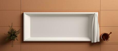 Photo of an empty white tray on a wall next to a potted plant with copy space