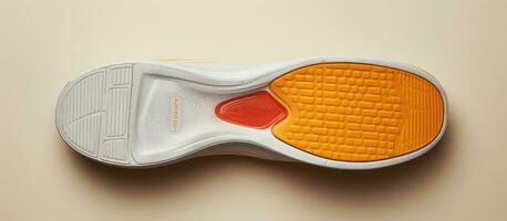 Photo of a detailed close up of a stylish white and orange shoe with ample copy space with copy space