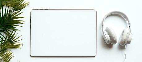 Photo of a white tablet with headphones on a background with empty space with copy space