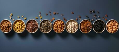 Photo of a colorful array of food filled bowls, perfect for a healthy and delicious meal with copy space