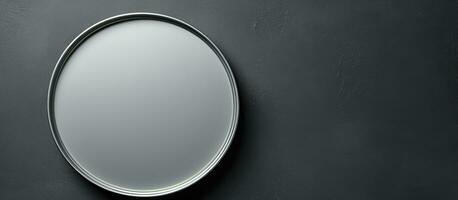 Photo of a round mirror against a black wall with empty space for creative use with copy space